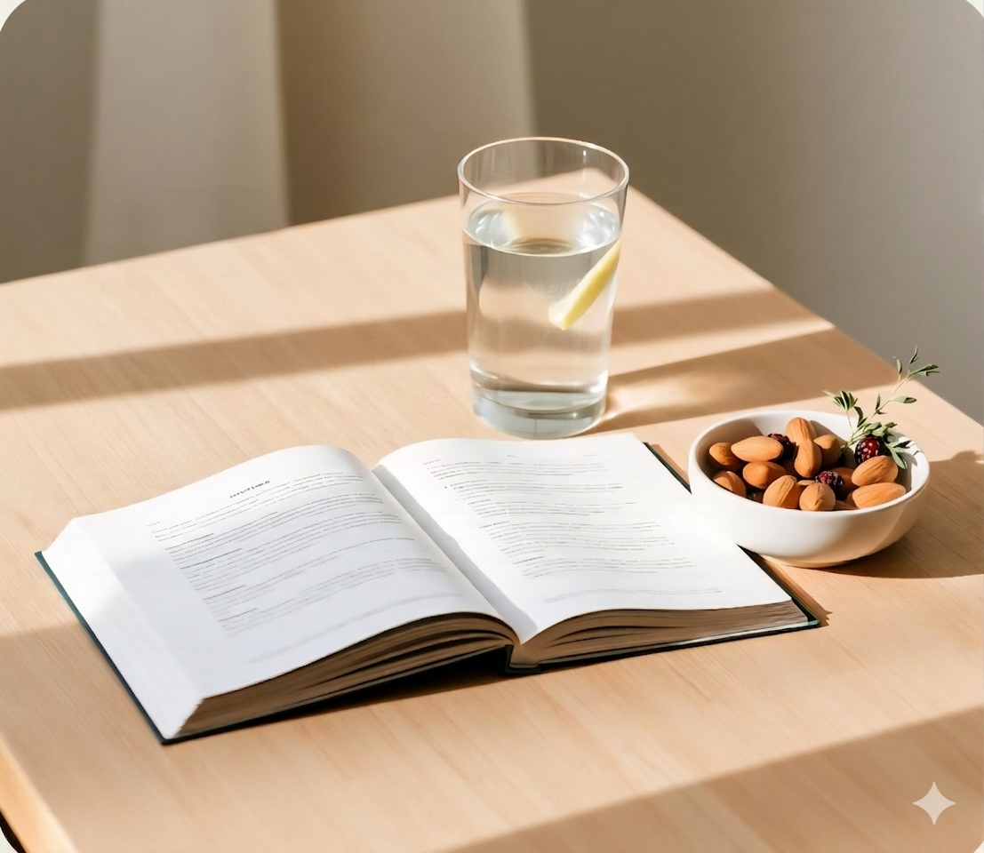 Espacio sereno con libro, agua y frutos secos
