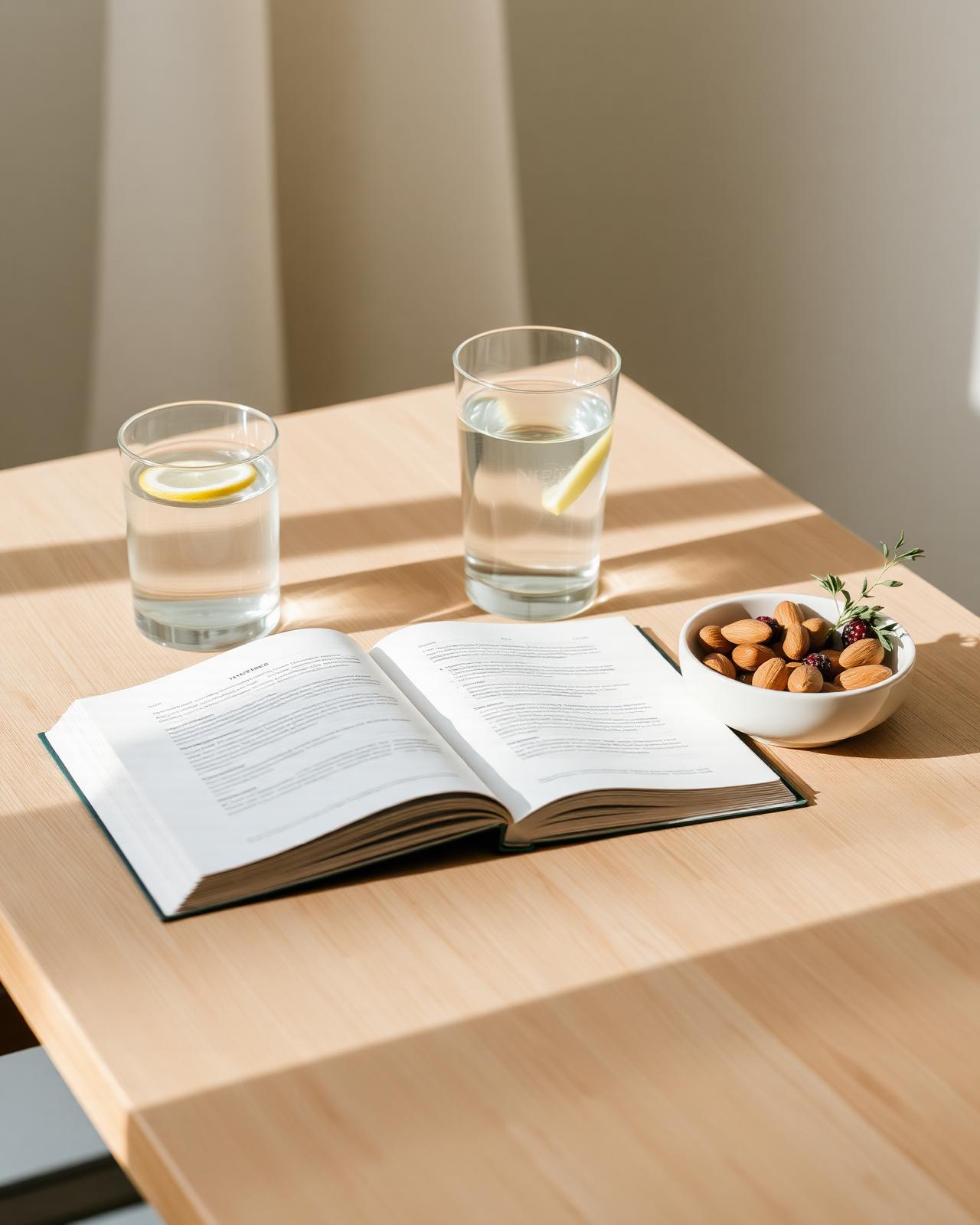 Espacio sereno con libro, agua y frutos secos